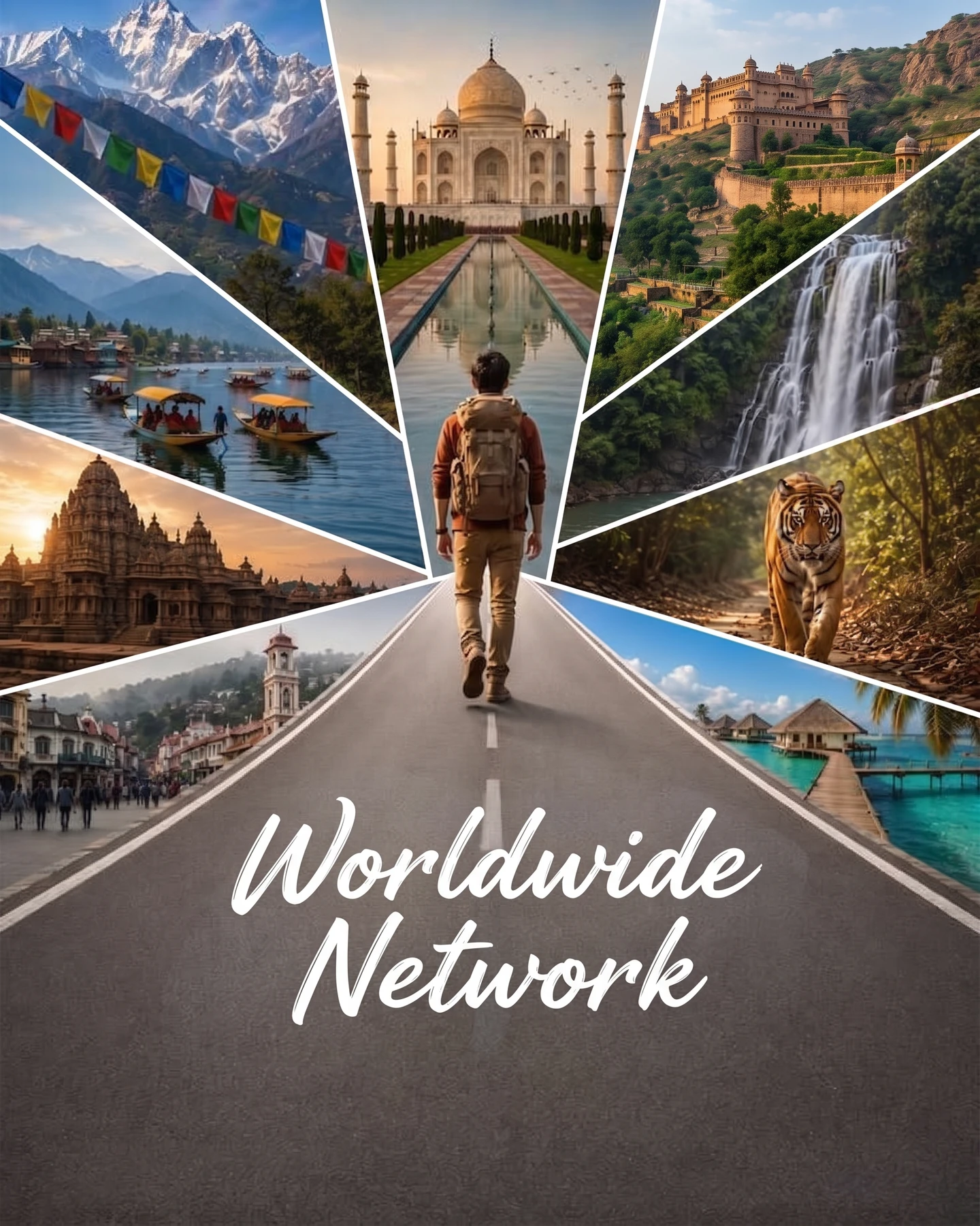 A collage headed "Worldwide Network": a traveller with a backpack walking down an open road, framed by destinations - snow-capped mountains with prayer flags, boats on a lake, a temple at sunset, the Taj Mahal, a hill fort, a waterfall, a tiger, a European street and overwater bungalows